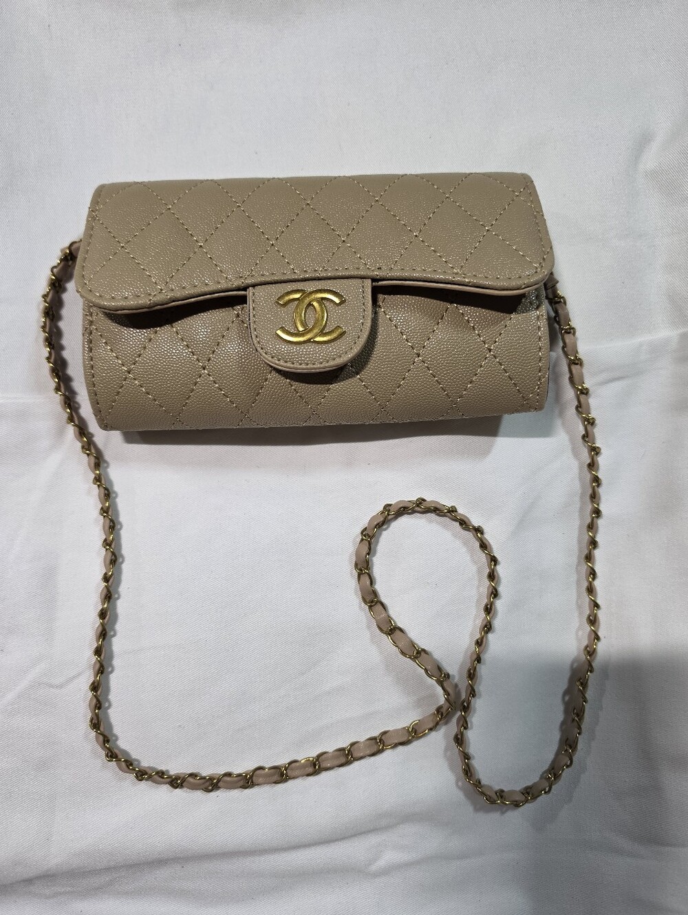 Quilted Beige Crossbody with Gold Chain Strap - Women's Wallet